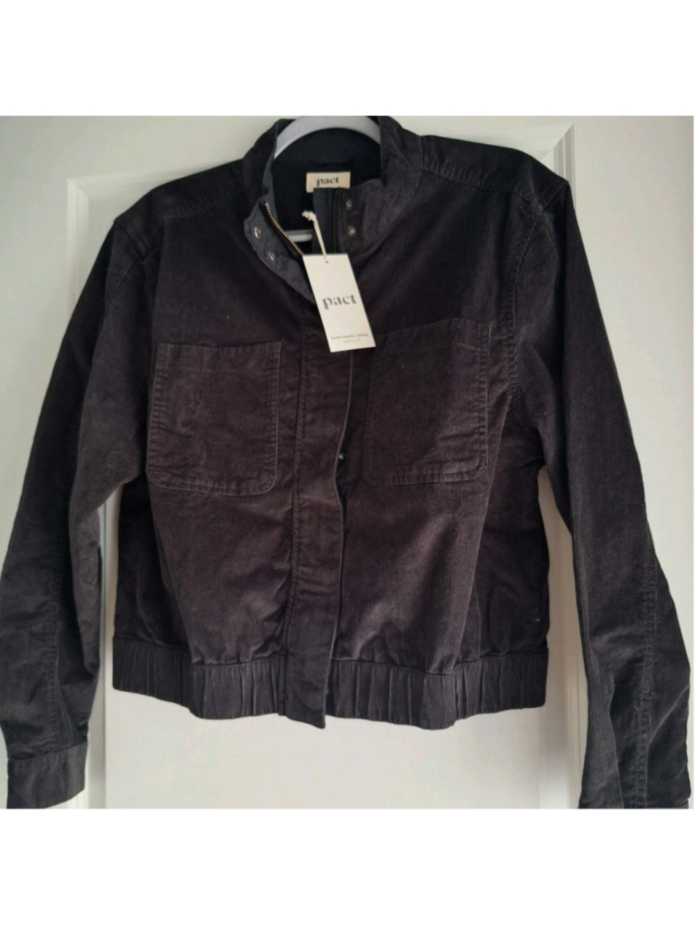 NWT PACT Womens L Large Modern Corduroy Bomber Jacket BLACK Organic Cotton NEW